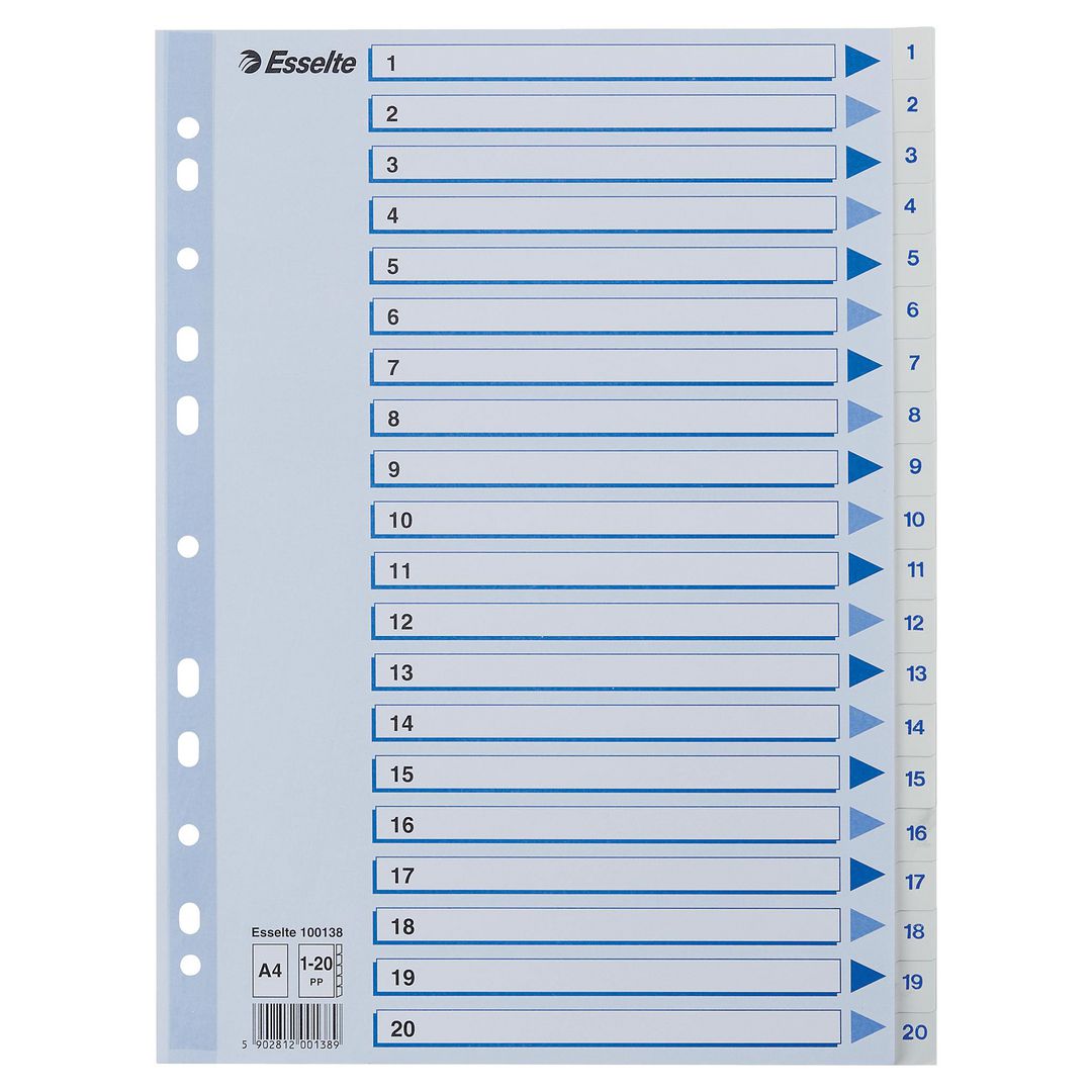 Register ESSELTE A4 plast 1-20 blå/hvit (10 stk)