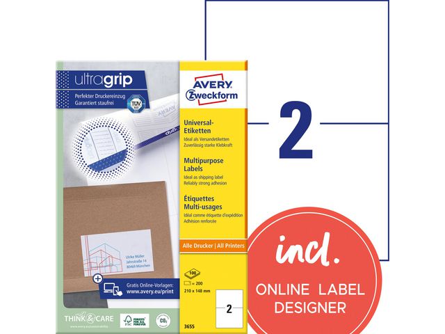 Etikett AVERY Ultragrip 210x148mm (200)