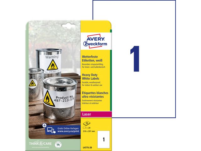 Etikett AVERY polyester 210x297mm (20)