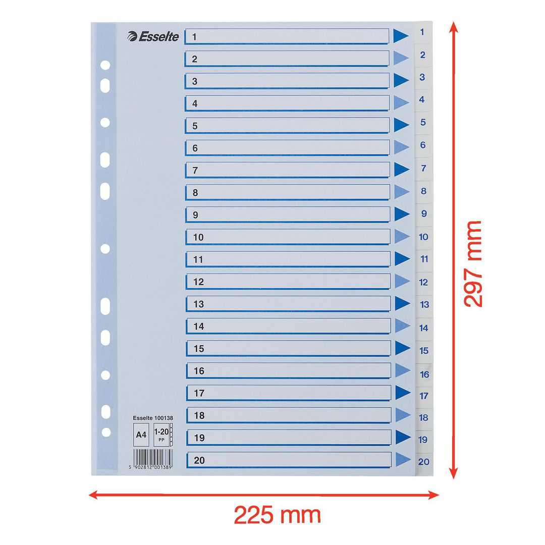 Register ESSELTE A4 plast 1-20 blå/hvit (10 stk)