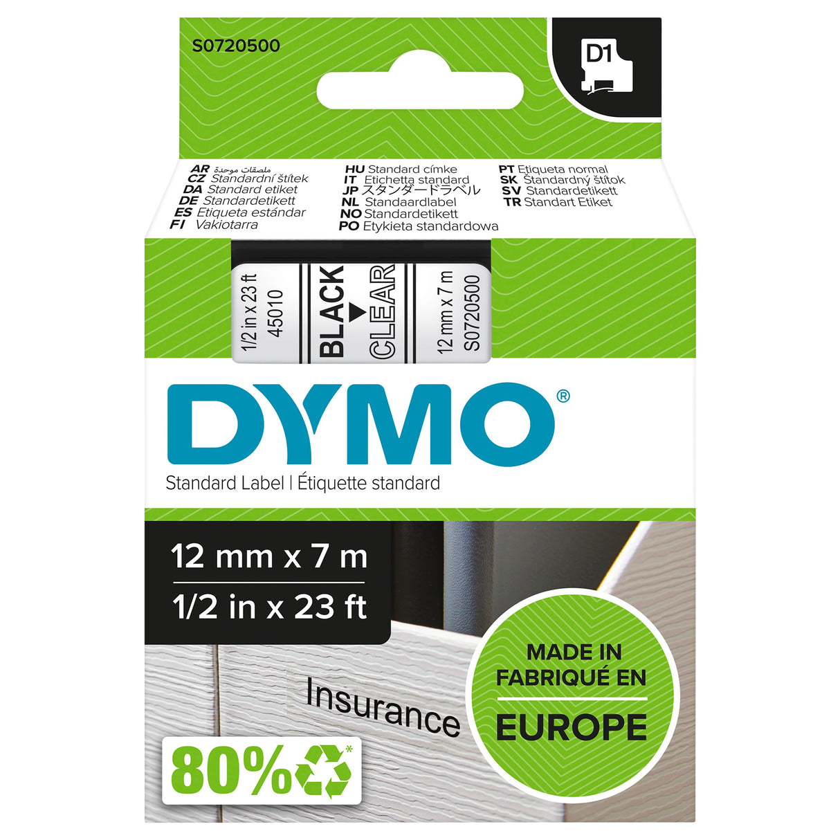 Dymo Teip D1 12mmx7m sort/klar