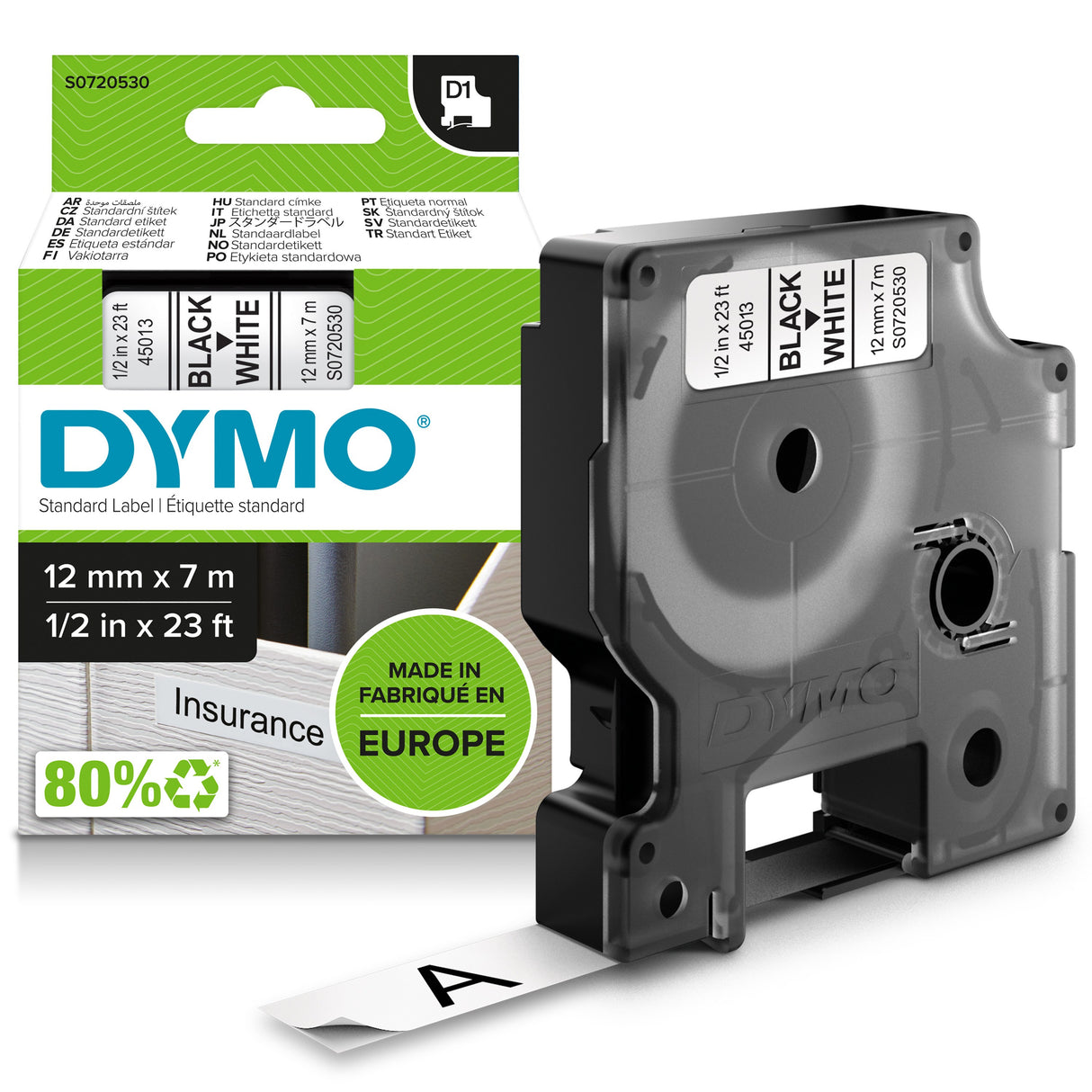 Dymo Teip D1 12mmx7m sort/hvit