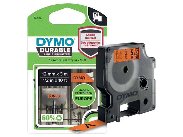 Tape DYMO D1 12mm x 3m sort/orange