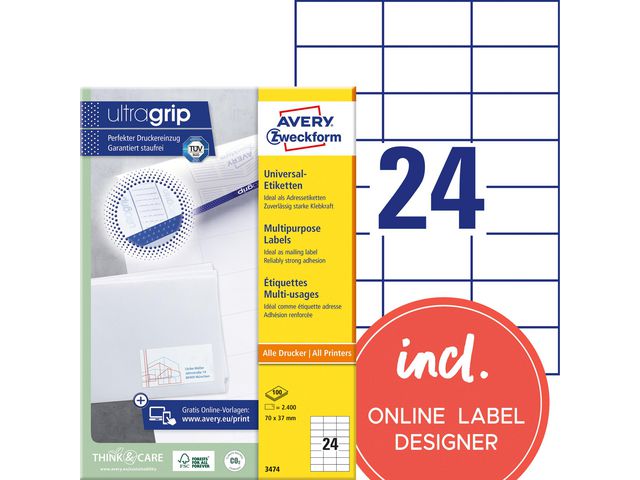 Etikett AVERY Ultragrip 70x37mm (2400)