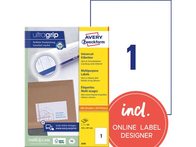 Etikett AVERY Ultragrip 210x297mm (100)