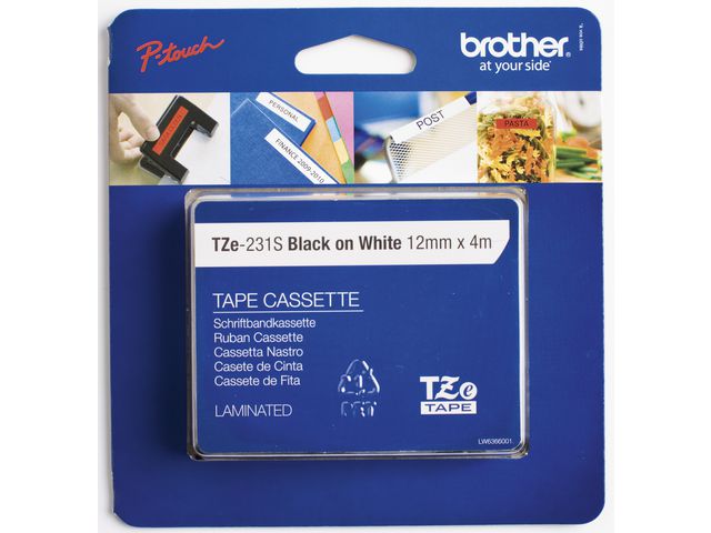 Tape BROTHER TZe231S2 12mmx4m sort/hvit